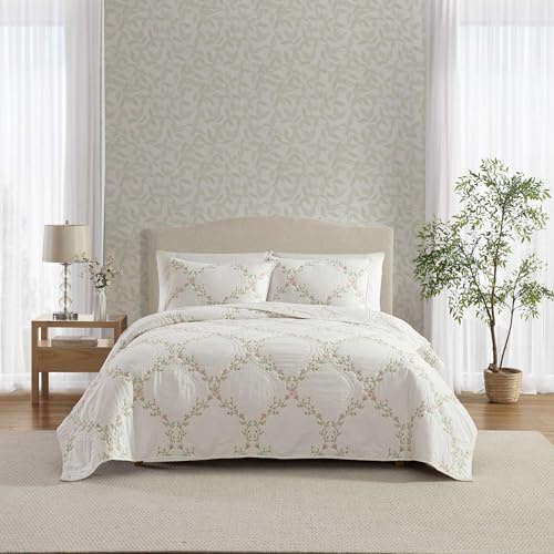 Laura Ashley - Full/Queen Quilt Set, Super Soft & Breathable Embroidered Bedding with Matching Sham(s), Floral Home Decor (Floral Embroidery Pink, Full/Queen)