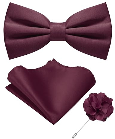 JEMYGINS Maroon Pre-tied Bow Tie and Pocket Square with Lapel Pin Set Adjustable Bowtie for Men(17)