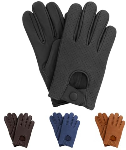 Mens Leather Mesh Driving Gloves, Genuine Soft Lambskin, Black (Black, L)
