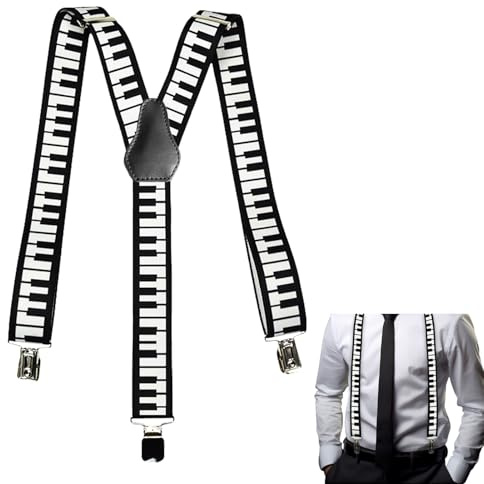 Zerquell Long Hosenträger, Y-Hosenträger Unisex, 3 Clips, Elastisch Verstellbar Hosenträger, mit Musik Klavier Mustern, für Party Fasching (2,5 cm)