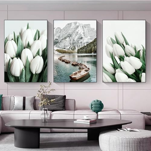 AQCQDQ 3er Poster Set Leinwandbilder Tulpen-Poster Wandbilder Kunstposter Modern Bilder Für Schlafzimmer Wanddecor Ohne Rahmen (50 x 70 CM)