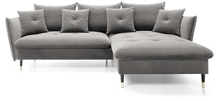 DomoHome Ecksofa Glam mit Schlaffunktion, Freistehend, Ottomane und Goldenen Füßen – Samtsofa im Glamour-Stil für Ihr Wohnzimmer, mit Zierkissen, 258x167x91cm, Rechte Seite GRAU