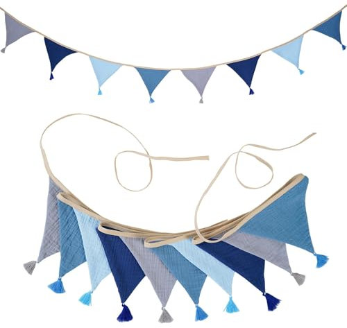 LUMOOM Wimpelkette Kinderzimmer 2.6M, Girlande Kinderzimmer, Babyzimmer Deko Wimpel, Musselin Baumwolle Stoff, Mädchen und Junge Kinderzimmer Deko, für Outdoor Gartenparty (Blau und Grau)