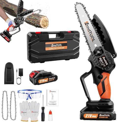 Mini Chainsaw Cordless 6-Inch Handheld Small Chain Saw with Battery, Orange 21V Battery Powered Portable Electric Mini Chainsaw with Safety Lock for Courtyard Garden Household Tree Branch Trimming