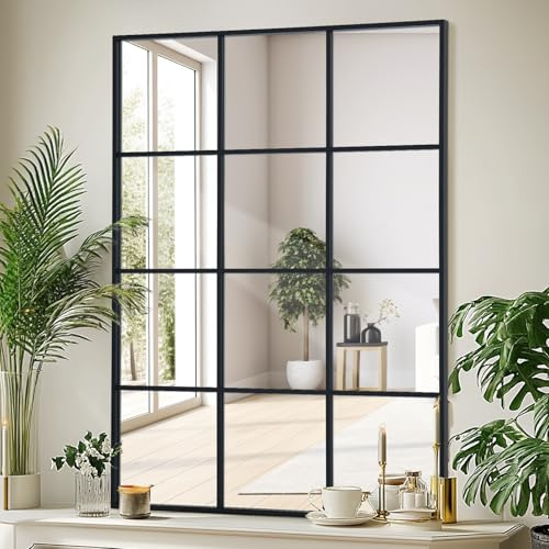LunaMirror Specchio rettangolare per finestra, 75 x 120 cm, con cornice in alluminio nero, specchio da parete per interni, soggiorno, corridoio, ingresso, esterno, decorazione da giardino