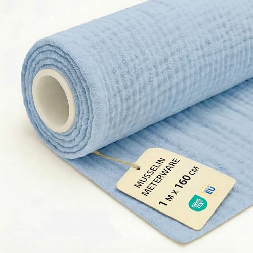 Musselin Stoff Meterware 1 M x 160 cm - Baumwollstoff Stoffe zum Nähen ideal für Bettwäsche Decke Kinder Tuch Tischläufer leichte Baumwolle Fabric Musselinstoff Oeko-Tex-Zertifikat Himmelblau