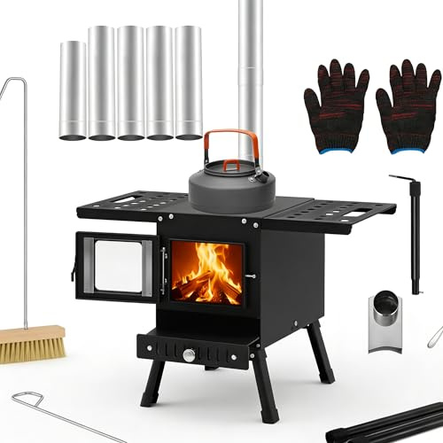 Four de tente, four de camping portable, four de tente avec tube et gants, 31,5 x 22 x 21 cm, pour la cuisine et le chauffage en plein air
