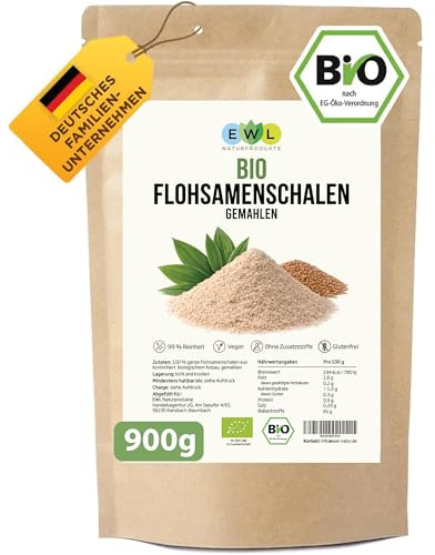 EWL BIO Flohsamenschalen gemahlen 900g | 100% Rein & Vegan | Ballaststoffe | Ohne Zusätze aus indischer Flohsamen-Saat | Naturprodukt mit hoher Quellkraft | Ideal zum Backen Low Carb & Keto Mehl