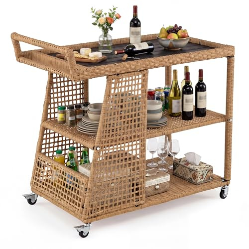 SOARS Carrello Bar in Rattan, Carrello Portavivande con 3 Ripiani Aperti e 4 Ruote, Maniglia Ergonomica, Moderno Carrellino Servizio Esterno Interno per Giardino, Terrazzo, Cucina, 98 X 54 X 92 CM