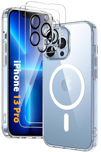 Vuletc Magnetisch für iPhone 13 Pro Hülle mit 2 Stück Schutzfolie und 2 Kameraschutz, Handyhülle Rundumschut Magnet Dünn Stoßfest Transparent Nie Vergilbung Case, Durchsichtig