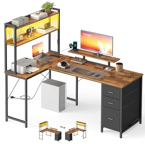 VASAGLE L-Shaped Computer Desk with LED Lights and Power Outlets, Corner Gaming Desk with 3 Drawers and Monitor Stand, 160 x 100 x 150 cm, Rustic Brown and Black, Barnet Collection LWD163K102