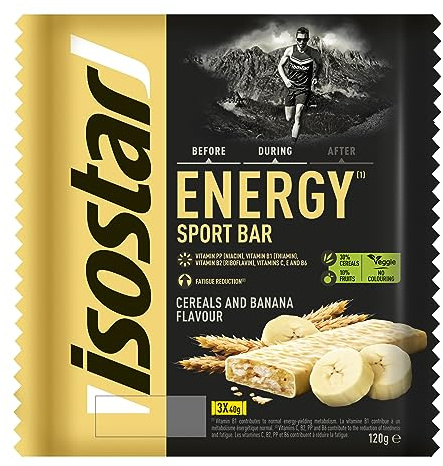 Isostar, Barritas Energy Sport con Niacina, Vitaminas B1, B2, C, E y B6. Ayudan a mantener el metabolismo energético normal y a reducir la fatiga. Sabor Banana, 3x40gr