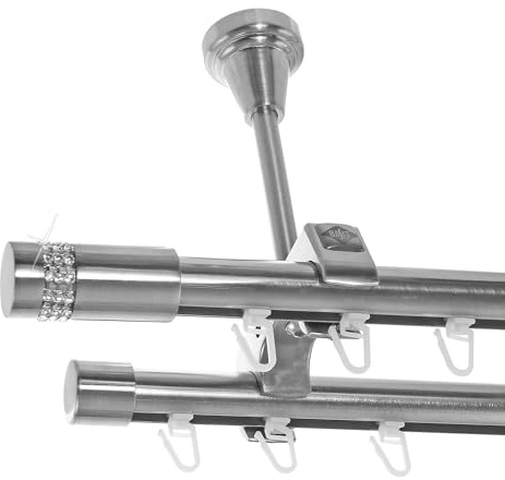 BASIT Gardinenstange Innenlauf Edelstahllook 20mm 2-läufig Decke 400cm D61 | Gardinenstangenset doppelläufig Deckenmontage Metall Vorhangstange Deckenhalterung 120-600cm wählbar Kappe mit Kristall E38