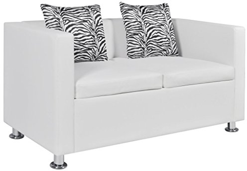 Festnight 2-Sitzer Sofa Kunstledersofa Loungesofa Rüchenlehne Couch mit 2 Kissen Sitzkomfort Wei?