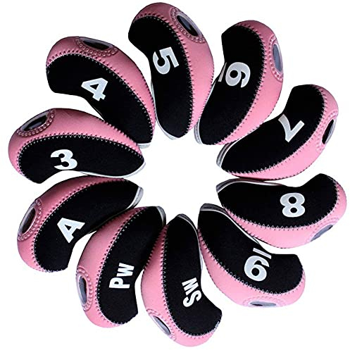 FLTRAD 10Pcs Golf Clubs Iron Head Covers 3-9 A/SW/PW Elastic Reused Neoprene Material with Number Tag Protect Case For Irons Black & Pink