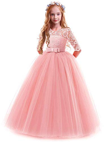 FYMNSI Ragazze Abiti da Sera Manicotto 3/4 di Pizzo Fiore Lungo Bambina Elegante Principessa Vestito Matrimonio Damigella d'Onore Festa di Compleanno Cerimonia Tutu Tulle Maxi Abito Rosa 3-4 Anni