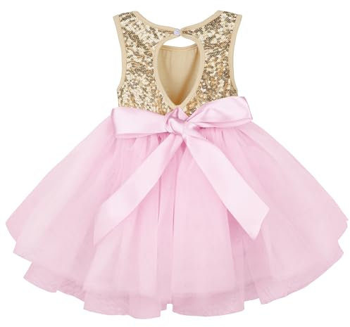 AGQT Vestito Tulle Bambina, Vestito da Festa Bambina Senza Maniche Tutu Paillettes Vestito di Compleanno Vestito da Ragazza di Fiore Rosa,6-12 Mesi