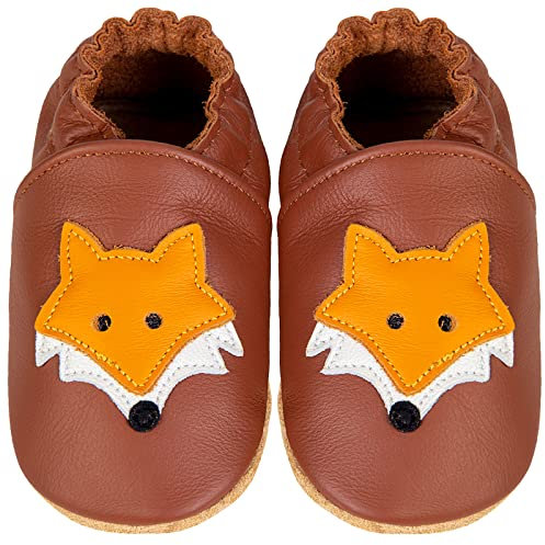 IceUnicorn Krabbelschuhe Baby Lauflernschuhe Jungen Mädchen Weicher Leder Babyhausschuhe Kleinkind Rutschfeste Lederschuhe Baby(Hellbraun Fox, 12-18 Monate)