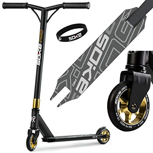 SOKE Stunt Scooter PRO Kick-Scooter mit ABEC 9 Kugellager Tretroller Trick Roller für Erwachsene und Kinder Zweirad Freestyle Cityroller | 2 Räder | Tragkraft 100kg, Schwarz-Golden