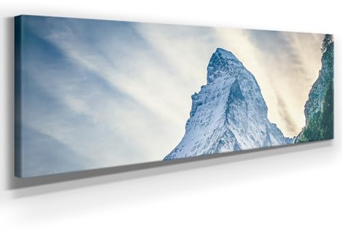BilderKing Bergpanorama Leinwand - Matterhorn - als 150x50cm großes XXL Leinwandbild. Wandbild als Hintergrund und Deko für Wohnzimmer & Schlafzimmer. Aufgespannt auf Holzrahmen