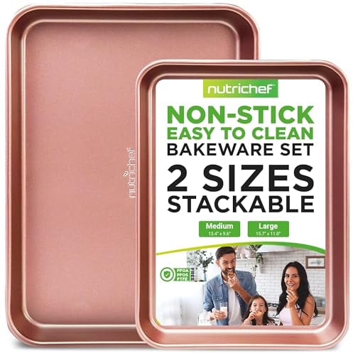 Nutrichef Baking Pans Set - 2-Pack Non-Stick Cookie Sheet Bakeware, Durable Food-Grade Metal, Easy-to-Clean Oven Trays, Dishwasher Safe, Stain-Resistant, Fits Toaster & Convection Ovens (Rose Gold)