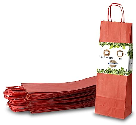 BIOZOYG Flaschentasche Geschenktüten 25 Stück 14 + 8 x 40 cm Rot - Papiertüten Weintasche kompostierbar nachhaltig - Flaschentüte Geschenkverpackung Wein Likör Rum