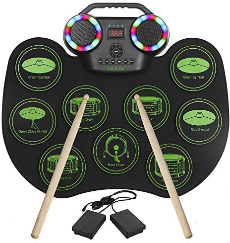 Batteria elettronica Kit, Bonvvie batteria a rullo digitale ricaricabile portatile con 9 pad, MIDI, DTC, altoparlanti incorporati, ideale per bambini, studenti, principianti, appassionati