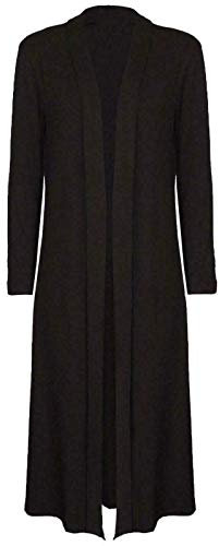 Ladies Maxi Long Length Boyfriend Cardigan Collared Top Long Full Sleeve Floaty (Black, 12-14)