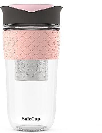 SoleCup. Large Travel Mug Loose Tea Infuser - Detachable Tea Strainer with Spill Proof Lid - 18oz/530ml BPA-Free Reusable Glass Travel Coffee Cup with Silicone Band (Grey)