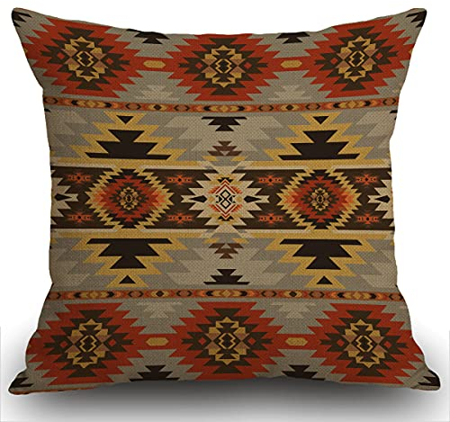 Smooffly Kissenbezug mit amerikanischem Südwest-Druck, geometrisches Muster, Jute, Überwurf-Kissenbezug, für Couch, Sofa, dekorativ, quadratisch, 45 x 45 cm