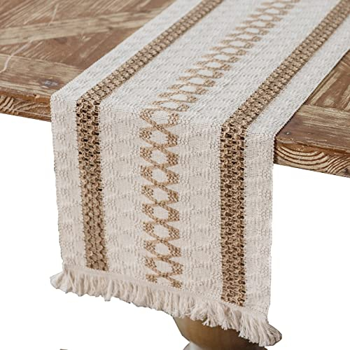 Boho Tischläufer Beige Leinen Tischläufer, Abwaschbar Vintage Makramee Tischläufer mit Quasten für Landhausstil Hochzeit Geburtstag Festlich Heim Küche Kaffee Tisch Dekoration, 30 x 180 cm