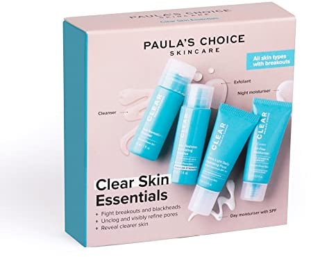 Paula's Choice CLEAR Skin Essentials Probenset - 3-Schritt Hautpflegeroutine - Reinigung, Peeling & Feuchtigkeitscreme - Gegen Unreine Haut, Mitesser, Vergößerte Poren - Alle Hauttypen - Reisegröße