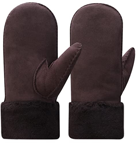 Harssidanzar Damen Winter Fäustlinge,Schaffell Lammfell beheizte warme pelzige Stulpenhandschuhe Lederhandschuhe KL024EU,Braun,Größe S