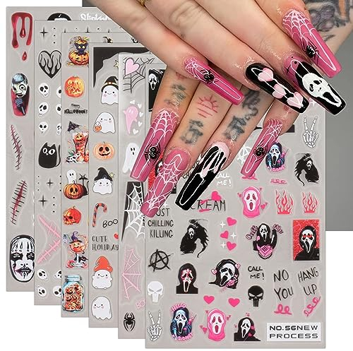 Halloween Nail Stickers, 6 Sheets Self-Adhesive Nail Decal Ghost Skull Witch Spider Nail Art Decoration Design Supplies