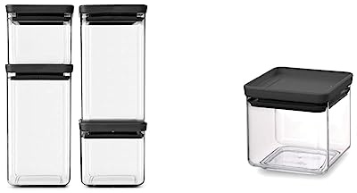 Brabantia Kit de 4 Bocaux Carrés, 2 x 0.7 Litre and 2 x 1.6 Litre, Couvercle Gris Foncé Taille Unique (BRAA3) Bocal Carré 0.7 Litre, Couvercle Gris Foncé