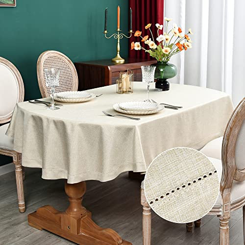 NEWISHER Farmhouse Tischdecke mit ovalem Hohlsaum, neutrale Leinen-Tischdecke, rustikal, einfarbig, beige, Tischdecke für Esszimmer, Küche, Party, Urlaub, Zuhause, 132 x 178 cm