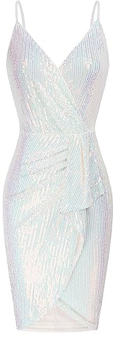 Damen Ärmellos V Ausschnitt Pailletten Trägerkleid Kleid perlenkleider Weiß - Pailletten M