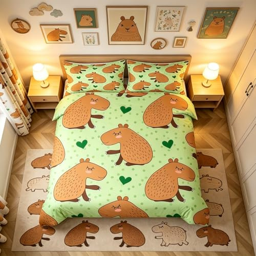 Cartoon-Capybara-Bettwäsche-Set für Einzelbett, niedliche Tiere, Bettbezug mit 1 Kissenbezug, grüne Herzen und Punkte, 2-teilig, für Kinder, Jungen, Mädchen, Raumdekoration, leichte Tagesdecke