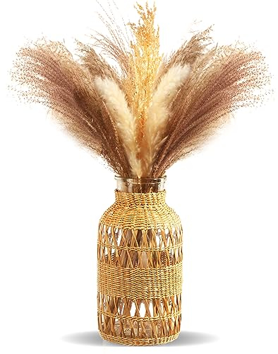 ZENS Boho-Glasvase mit Rattan-Abdeckung, modern, minimalistisch, dekorativ, rustikale Blütenknospenvase, Tisch, Bücherregal, Kamindekoration, X-Weave