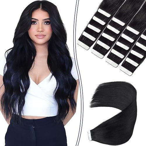 Sindra Tape Extensions Echthaar Real Human Hair Schwarz 20pcs 50g 45cm Invisible Tape in Extensions Echthaar Remy Seidig Gerade Skin Weft T18 Zoll