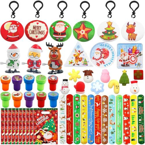Huahuanghui Weihnachten Party Mitgebsel 54 Stück, Weihnachten Schnapparmband/Aufziehspielzeug/Anti Stress Spielzeug/Schlüsselanhänger/Stempel Weihnachten, Weihnachten Geschenk für Kinder