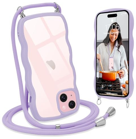L-FADNUT Chaîne de Téléphone Portable pour iPhone 15 Coque avec Lanière, Silicone avec Cordon à Porter Autour du Cou Transparent Coque de Protection pour iPhone 15, Lila