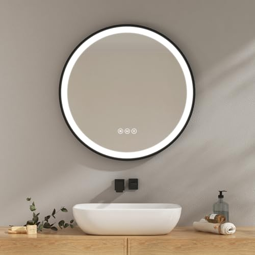 EMKE Badspiegel mit Beleuchtung 70cm wandspiegel rund mit 3 Lichtfarbe dimmbar, Antibeschlag, Speicherfunktion,Touch,3 Stunden automatische Abschaltung,energiesparend Spiegel rund