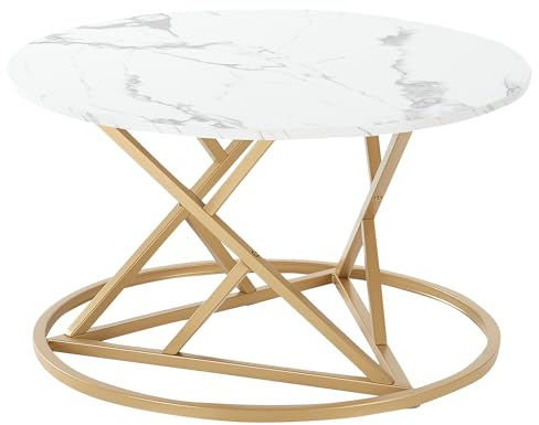 Liink1Ga Marmor Couchtisch Weiß Rund Marmor Tisch für Wohnzimmer, Modern Couch Beistelltisch Sofatisch Rund mit Champagnergoldenem Rahmen und Platte in Marmoroptik(Kunstmarmor)