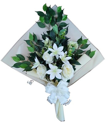 DRW Ramo de Flores para Cementerio Ramo Flores Artificiales para Meter en el Bote Jarron o sobre Sepultura 73x63x20 cm (Lirios y Rosas Blancas)