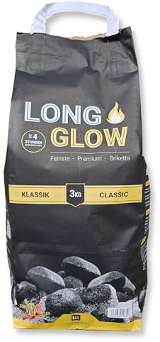 3kg (1x3kg) Long Glow Premium Grillbriketts Kohle Manufaktur Grillbrikett Premium Brikett Holz Kohle Grill Lange Brenn-& Glutdauer 4h Grillbriketts 100% Made in Germany Energie Kienbacher (3kg)