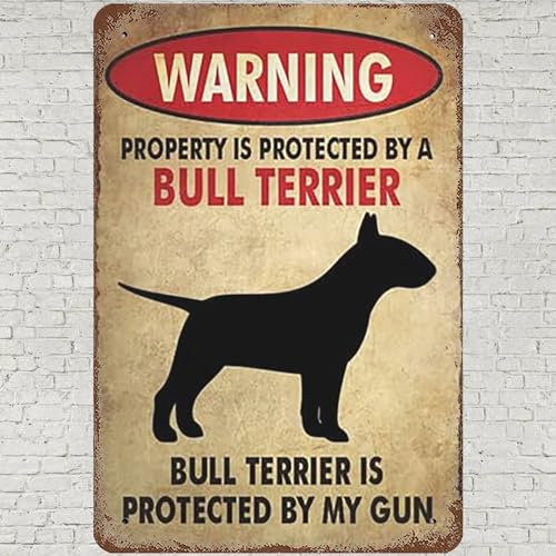 CHARLLR Metall-Blechschild im Vintage-Stil, 20,3 x 30,5 cm, Warnung Bullterrier, Wandkunst, Dekoration, Be Ware Of Dog, Poster für Zuhause, Wohnzimmer, Schlafzimmer, Küche, Garten, Garage, Café,