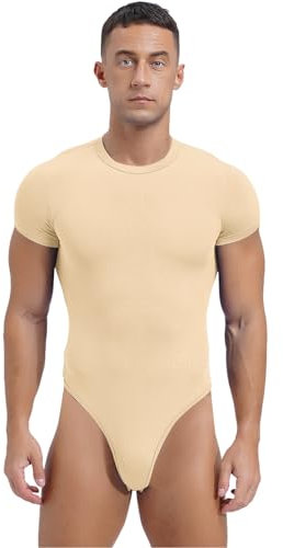 ranrann Männer Body Sexy Kurzarm Unterhemd Eng Bodysuit Einteiler Stringbody Einfarbig Hohe Beinausschnitt Herren Unterwäsche Dessous Beige XL
