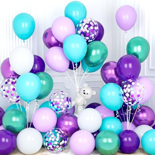 Ousuga Palloncini Sirena, 30 Pezzi 12 Pollici Palloncini Bianco Viola Verde Acqua Metallizzato Coriandoli Lattice per Compleanno Matrimonio Anniversario Baby Shower Tema Sirena Decorazioni