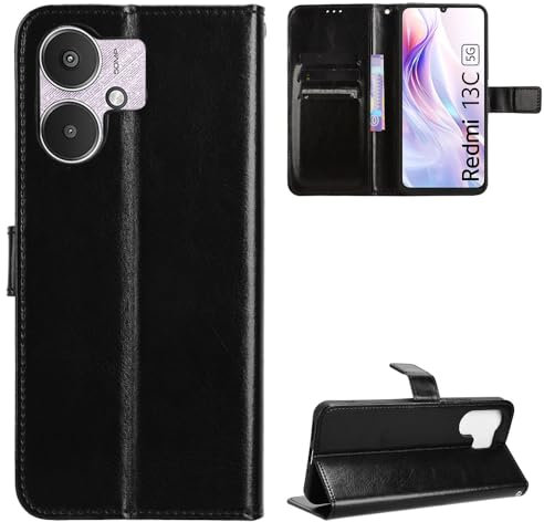 zZjoOoj Case Collection für Xiaomi Redmi 13C 5G (2024) Klapphüllen - Premium Qualität PU Leder Handyhülle[Magnetverschluss] Geld und Kartenhalter,stoßfest, Schwarz